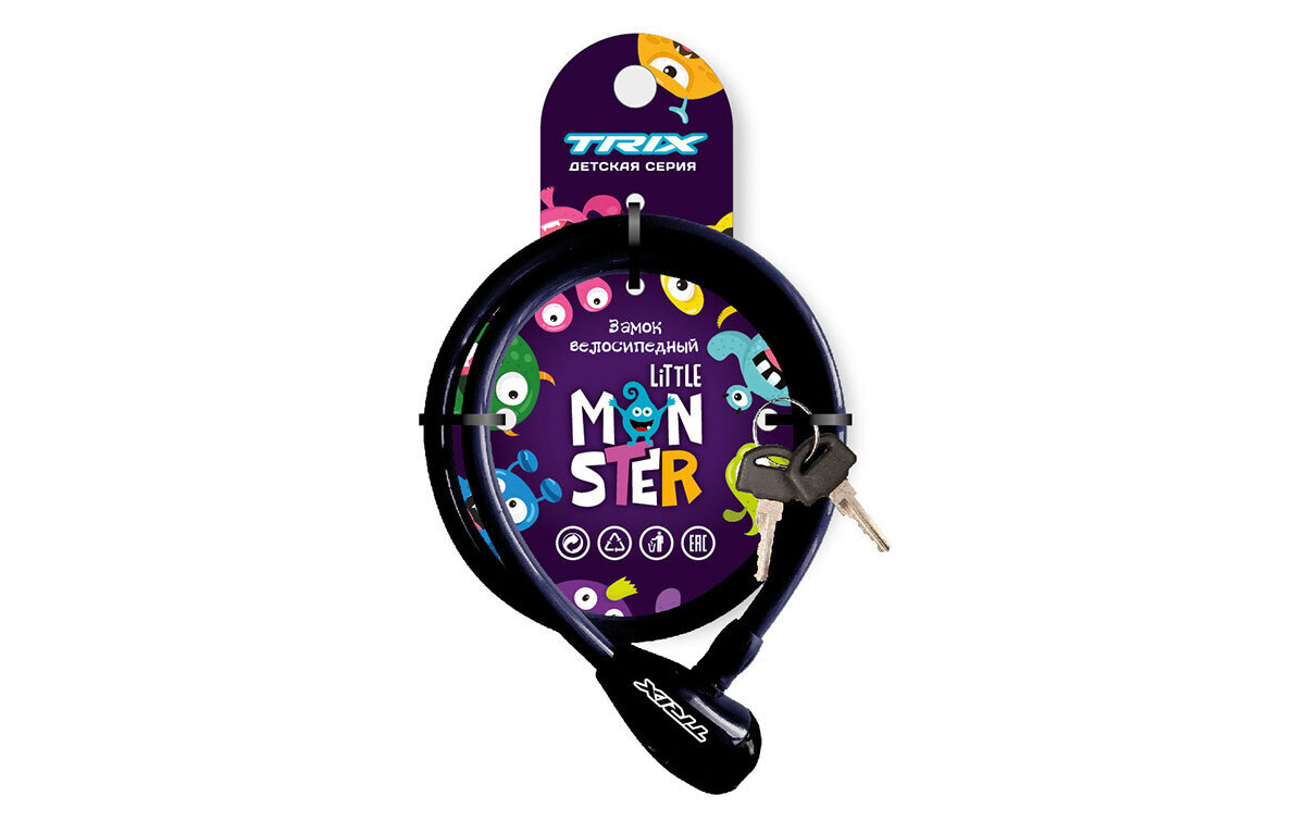 Замок противоугонный TRIX Little Monster детский 12*800 мм. (трос+ключи) чёрный